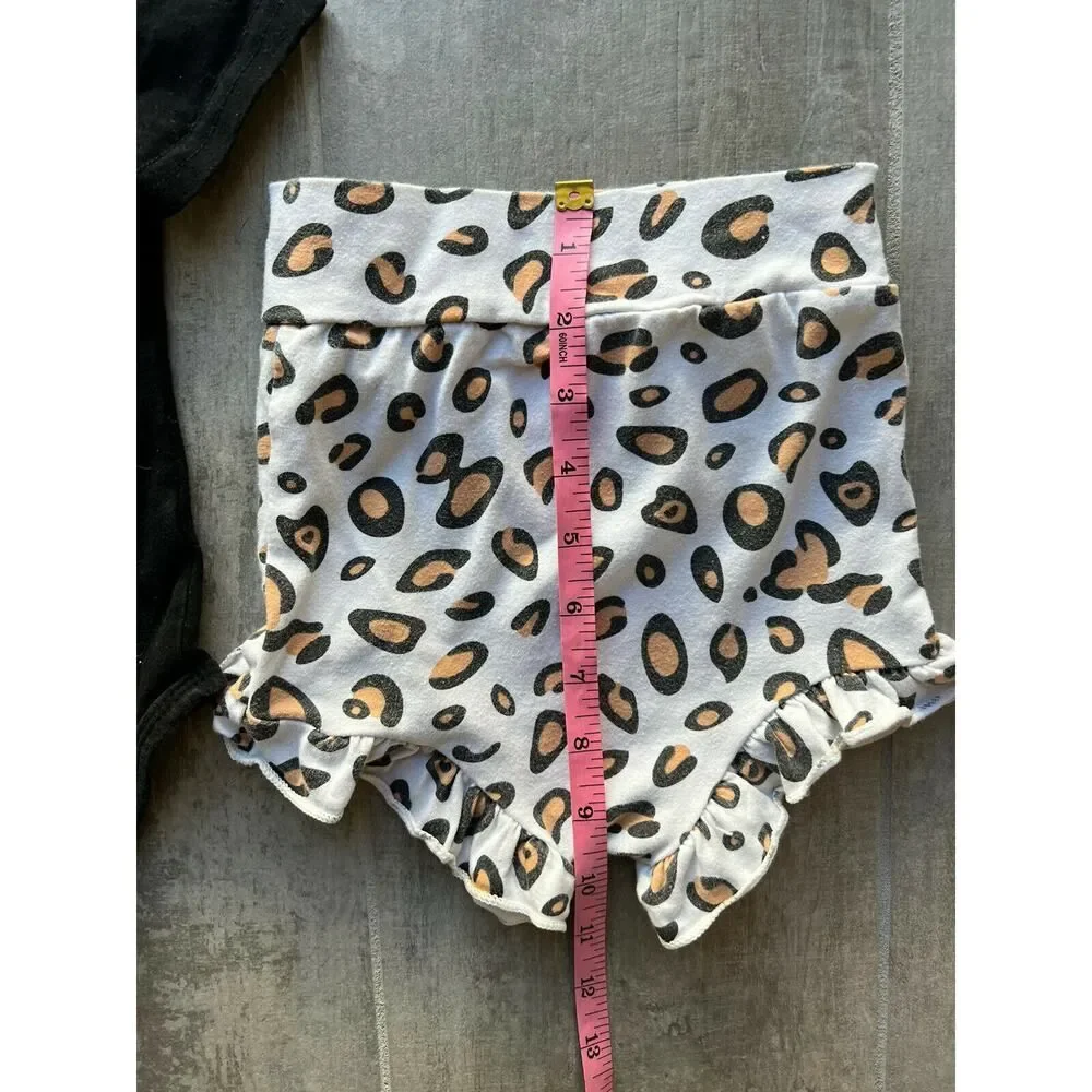 Los Angeles Boutique Black Bodysuit & Cotton Leopard Shorts Set Outfit Cute 18M